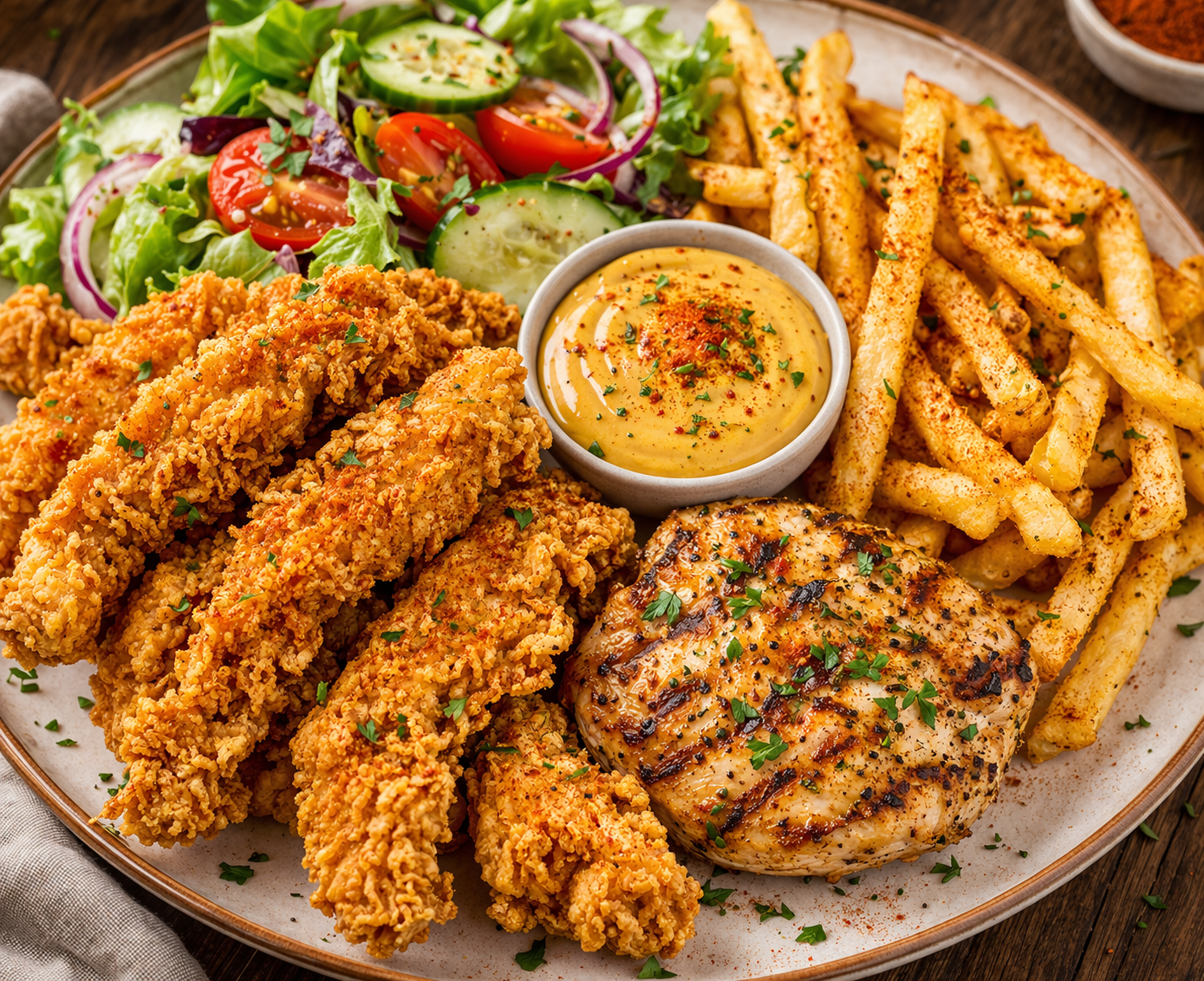 J-Kentucky Style crispy strips 1 mini grilled chicken rounder mustard sauce paprika French Fries