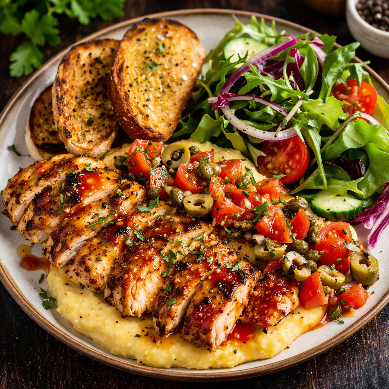 J-Sweet and Spicy Honey Sriracha Grilled Chicken With Polenta And Fresh Tomato, Salsa