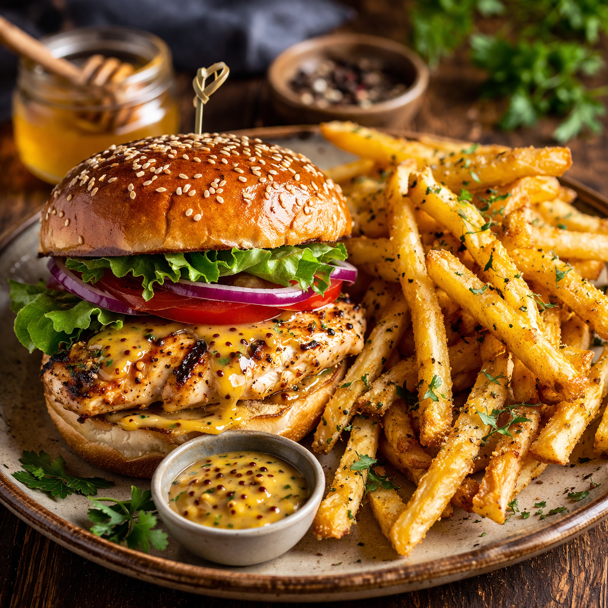 S-Burger Grilled chicken Honey mustard French Fries
