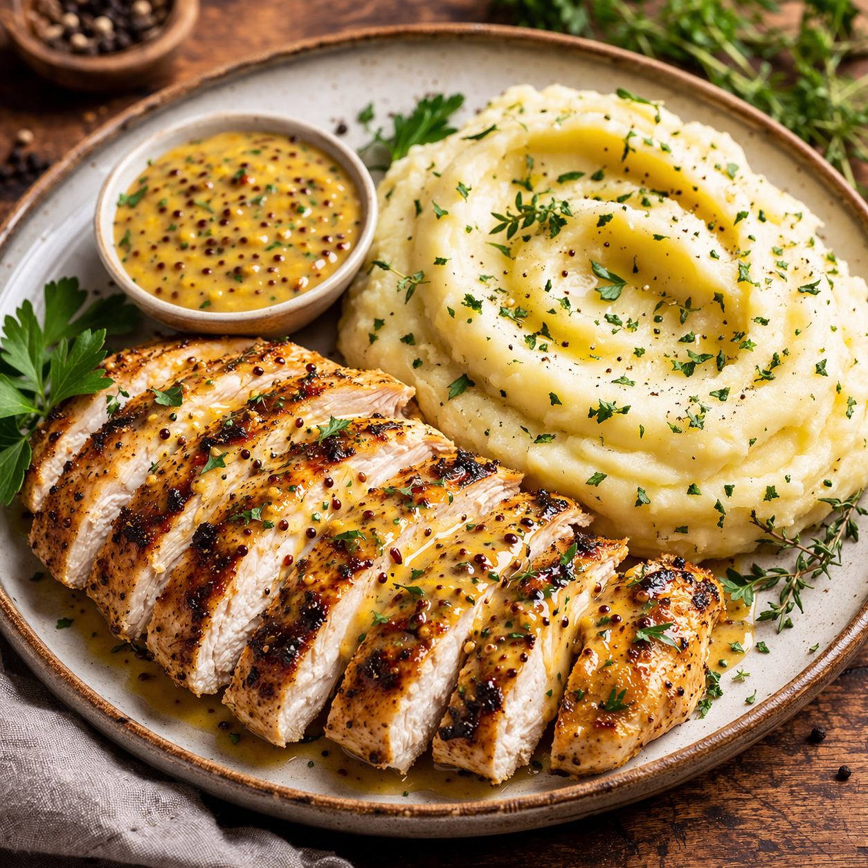 X-Grilled Chicken Honey Mustard Puree de Pomme De Terre Aux Herbes