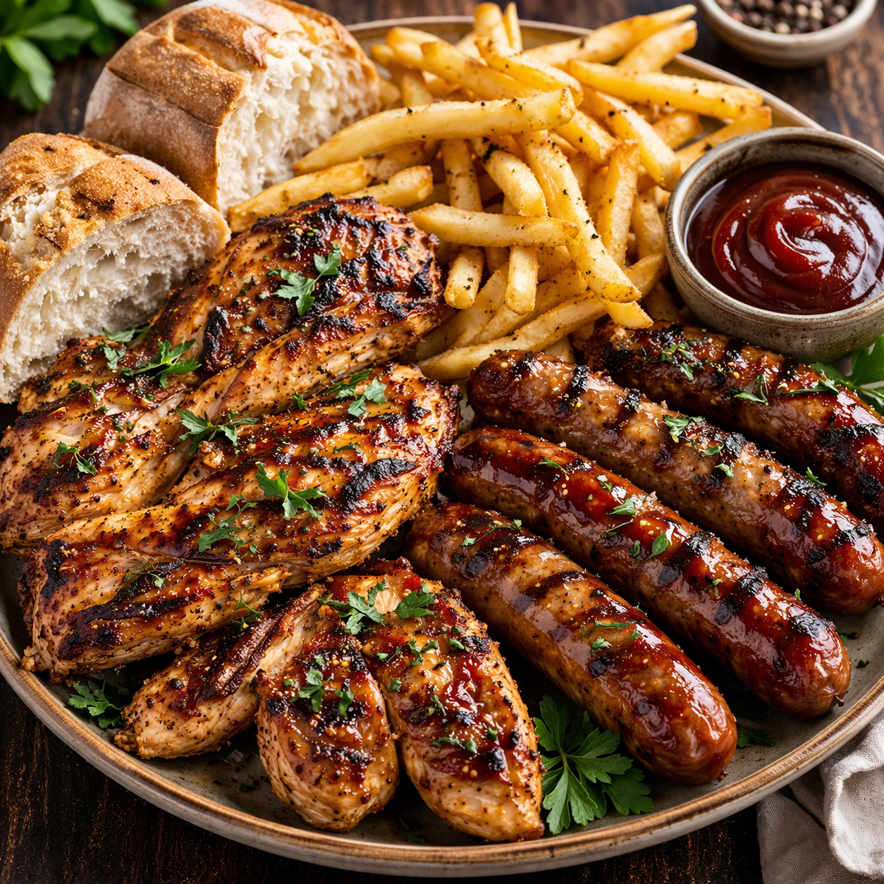 X-Grilled Chicken BBQ ,Grilled Chicken Sausages BBQ French Fries