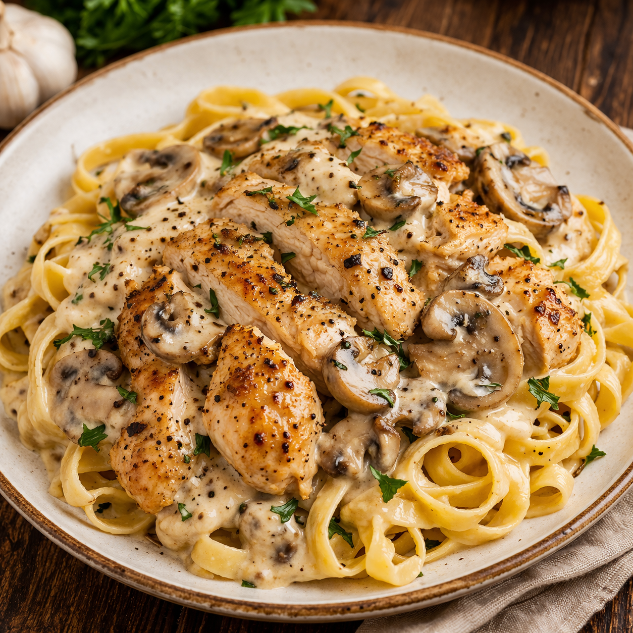 J-Creamy Garlic Mushroom Chicken Tagliatelle